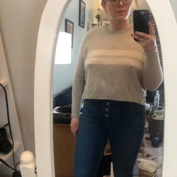 100% Cashmere Cropped Sweater Gray Grey White Stripe Crewneck 360 Cashmere - Picture 8 of 9